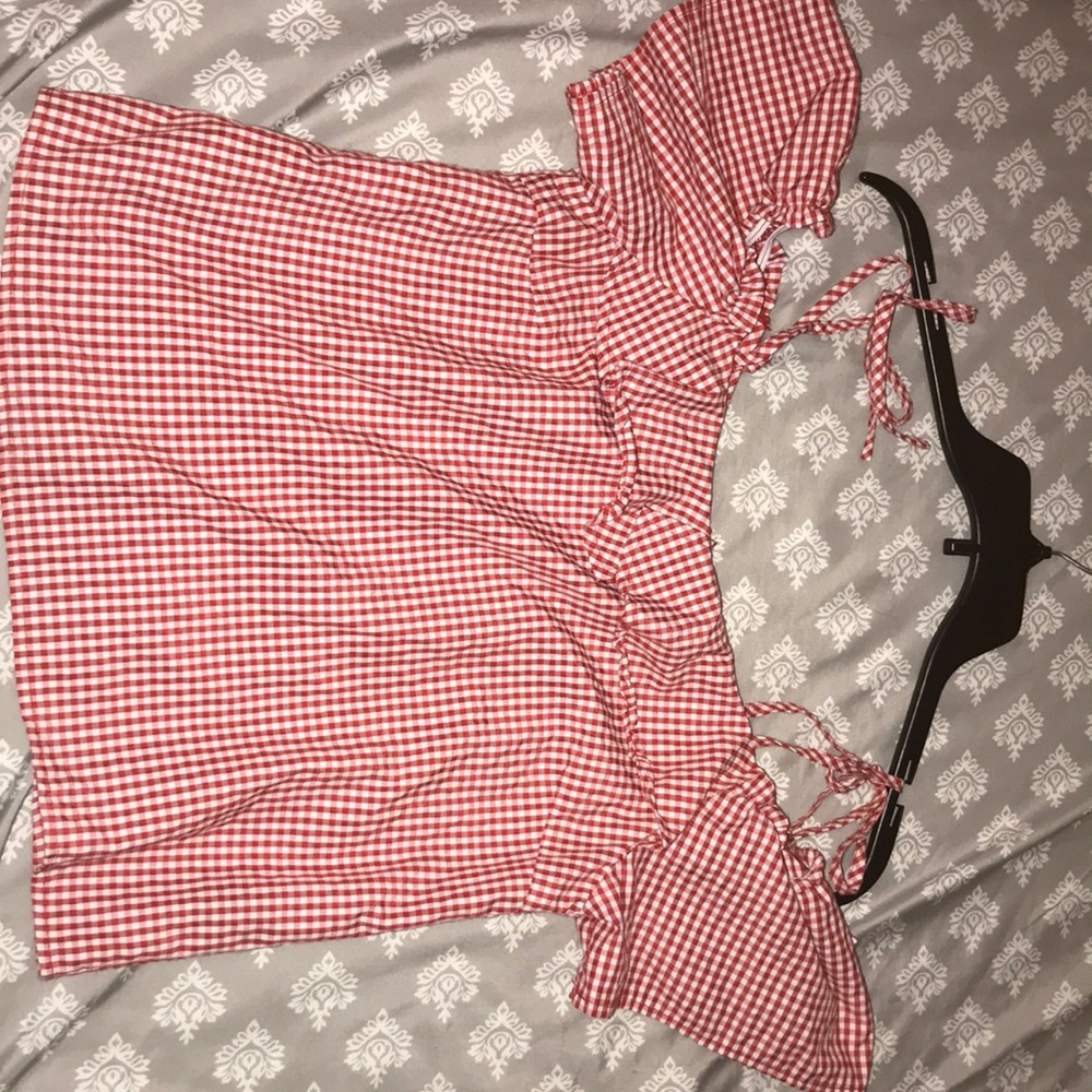 Red and white off the shoulder shirt